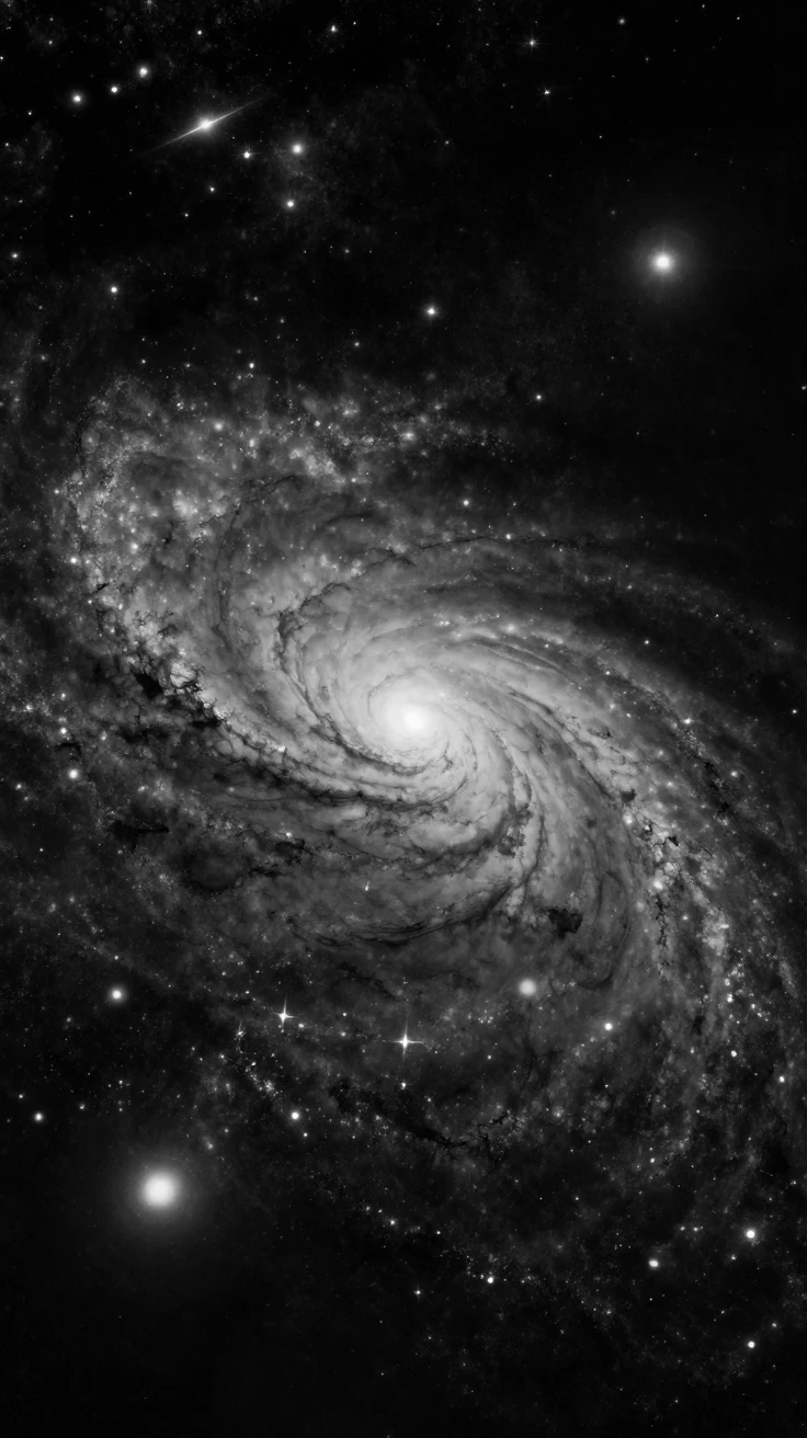 A swirling galaxy spirals slowly through the void amid a field of distant stars.