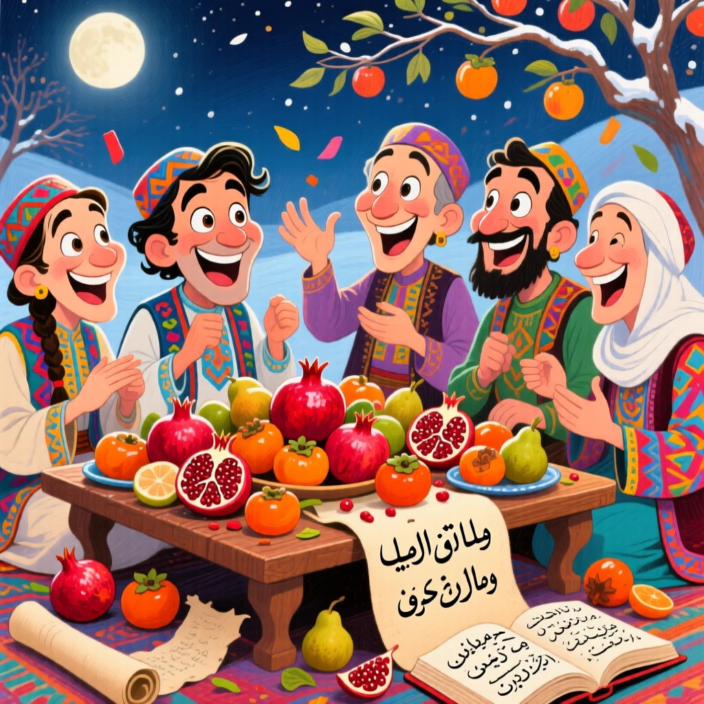 A group celebrating a traditional Persian midwinter gathering around fruit and poetry.