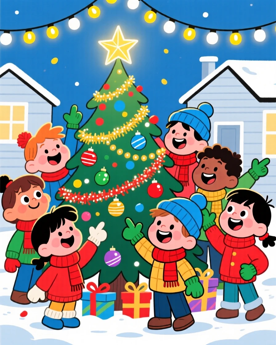 A festive celebration scene of neighborhood children gathering around a decorated holiday tree, with twinkling string lights strung overhead.