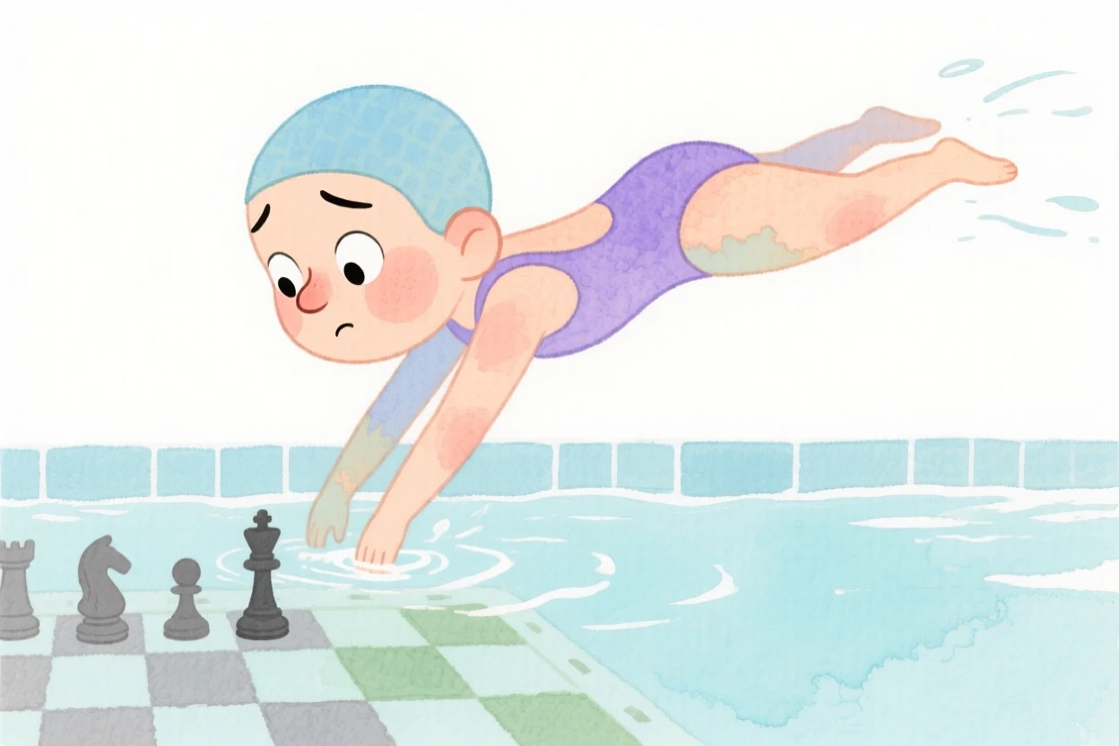 A swimmer diving into a pool deep in thought over a chessboard