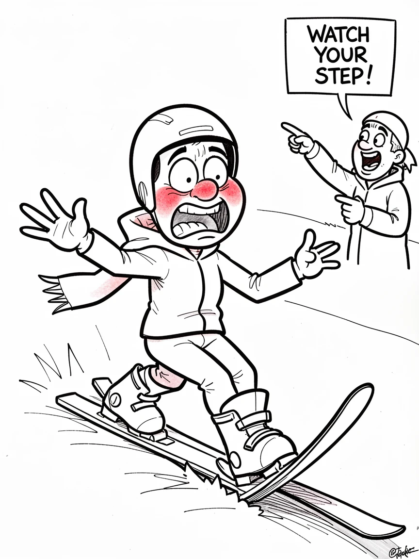 [Funny & Exaggerated Situations] Comical scene of a clumsy first-time skier tripping over their own feet, exaggerated for maximum laughs