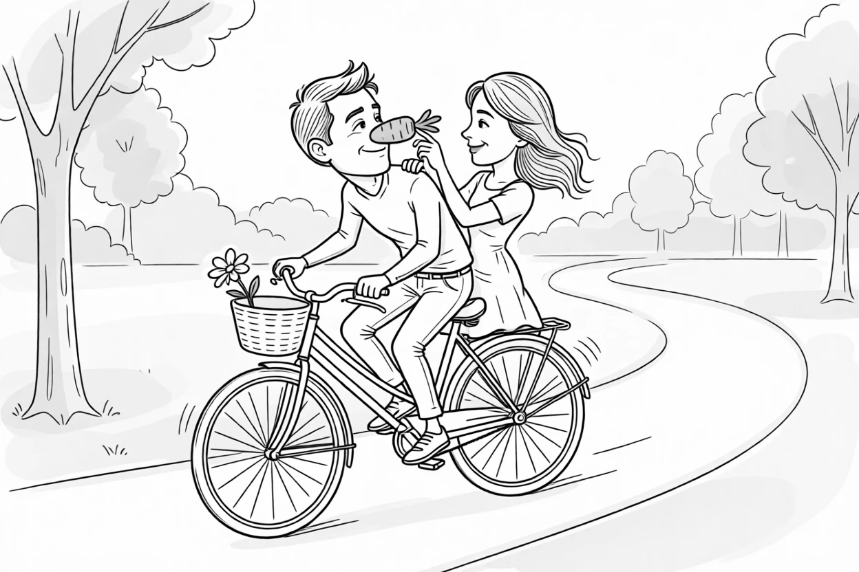 A couple attempting a clumsy tandem bike ride, sticking a crooked carrot nose on together, set on a wobbly tandem bicycle down a park path. The bike's basket holds a single, forgotten flower. The scene feels like a love story told through small moments.