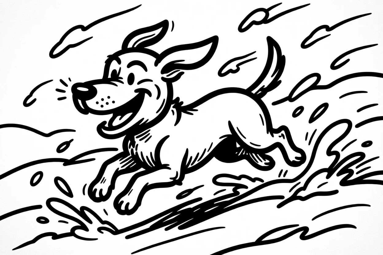 A dog joyfully bounding through deep snow, snow flying up around it.
