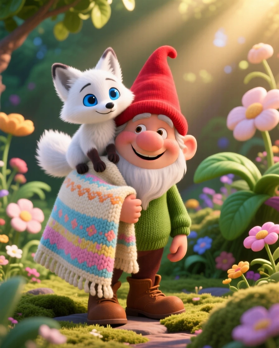 A baby arctic fox is perched on a garden gnome's shoulder, nuzzling against a soft blanket. The mood is soft, tender, and endearing, with soft shadows framing the scene.
