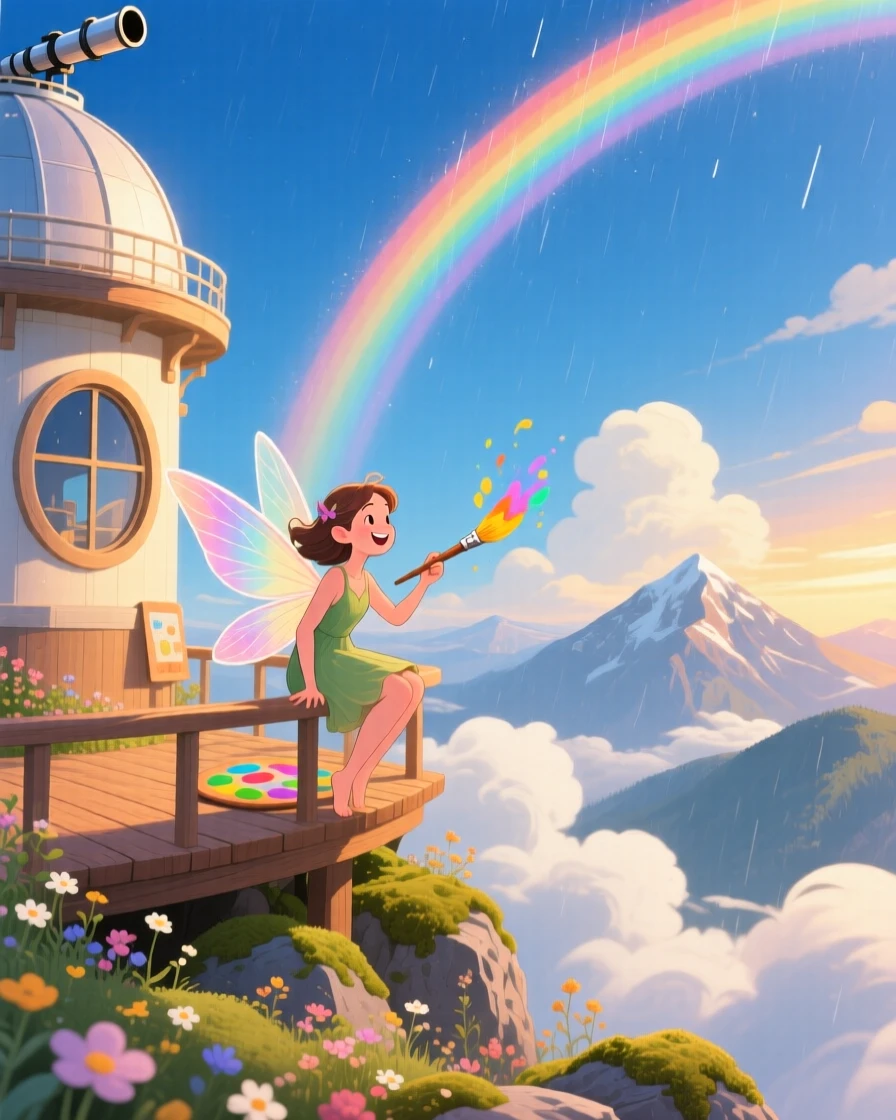 In a mountaintop observatory, a gentle forest fairy discovers a moment of wonder while painting rainbows across the sky, with clouds drifting lazily below.