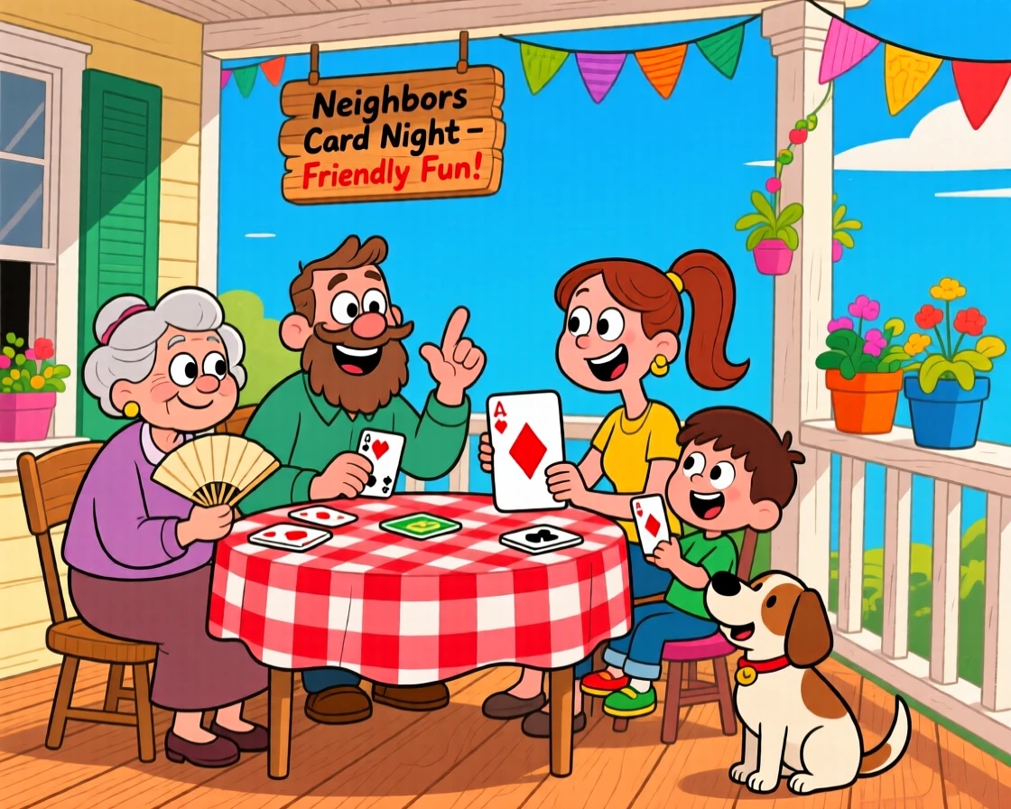Neighbors gathering for a friendly game of cards on a porch.
