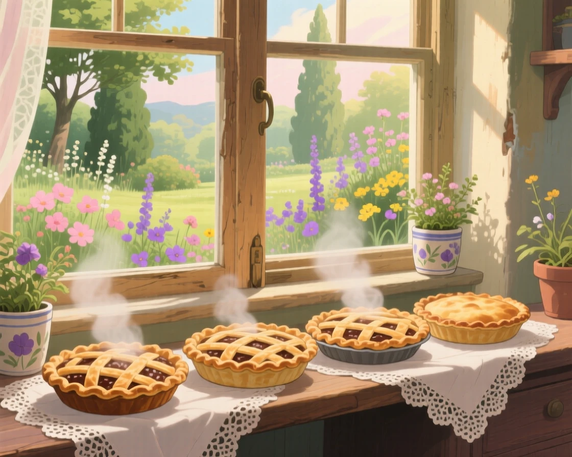 A warm, inviting scene of a windowsill lined with cooling pies, as steam curls gently into the air.