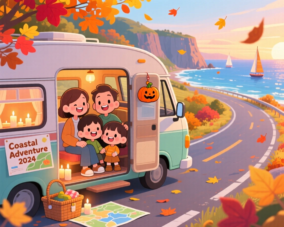 A family packed into a camper van on a road trip, framed as a full-body shot within a scenic coastal highway, during golden autumn harvest season, glowing under gentle candlelight, evoking bubbly enthusiasm.