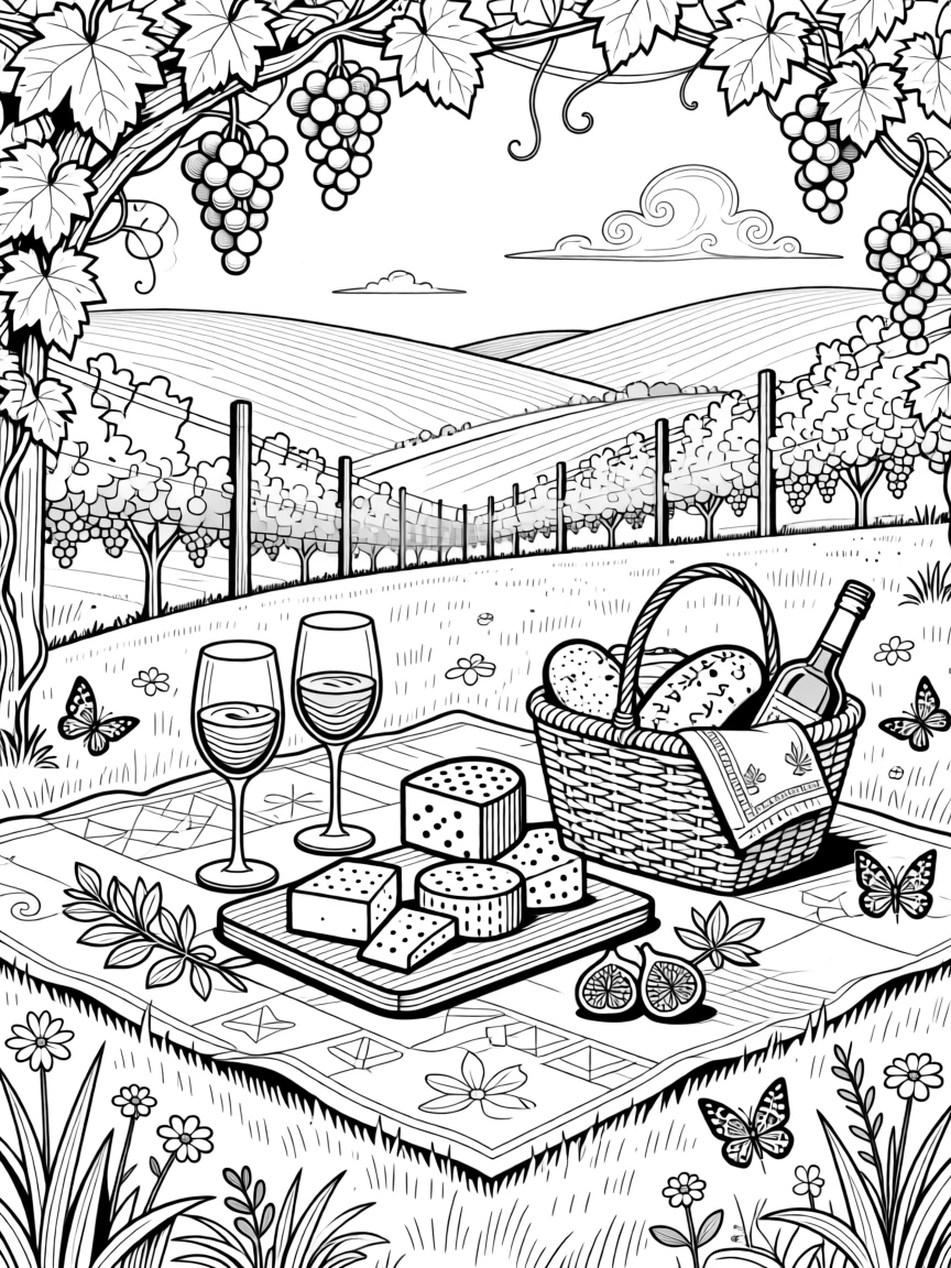 A vineyard picnic scene with a cheese board and glasses of rosé.