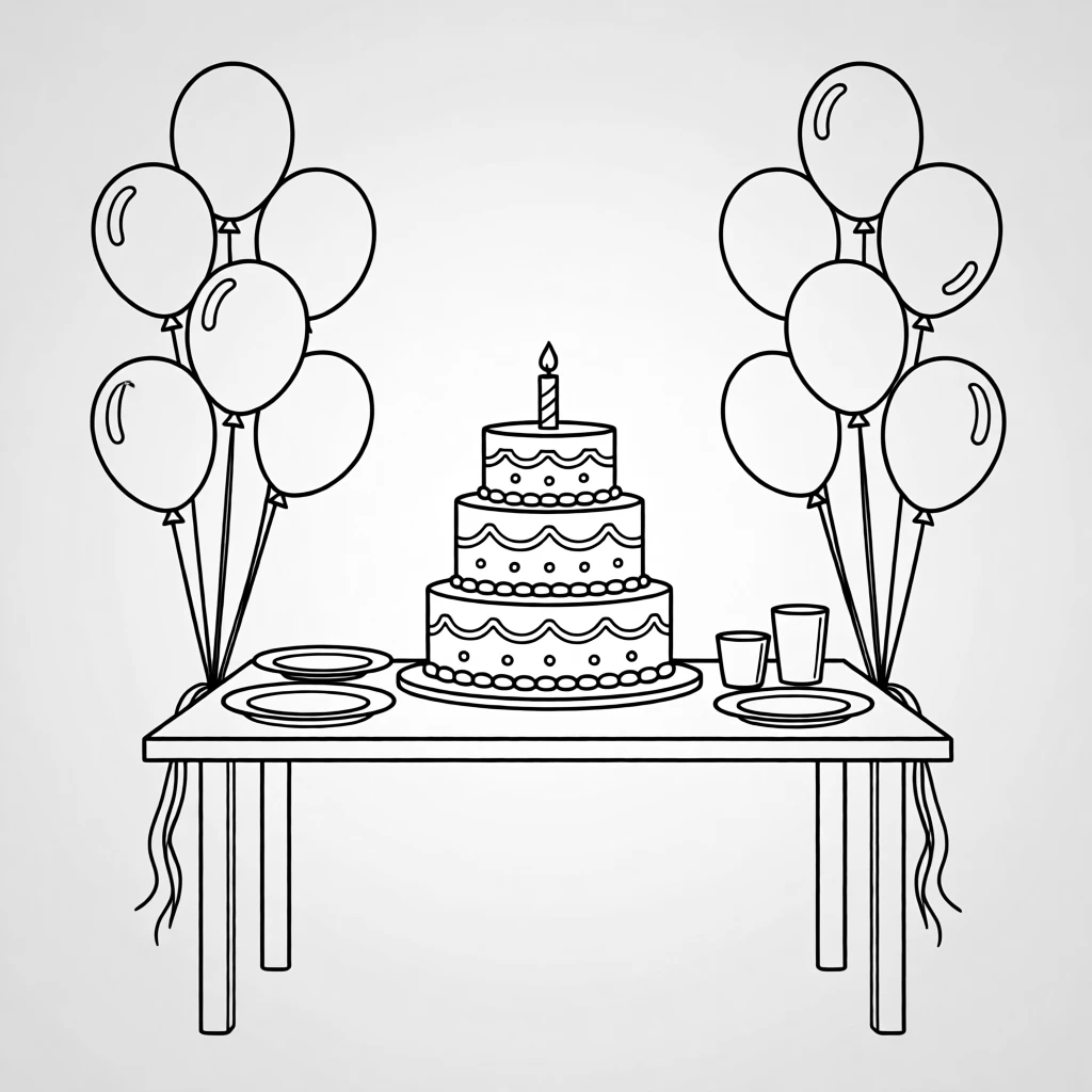 A birthday party table with balloons and a decorated cake