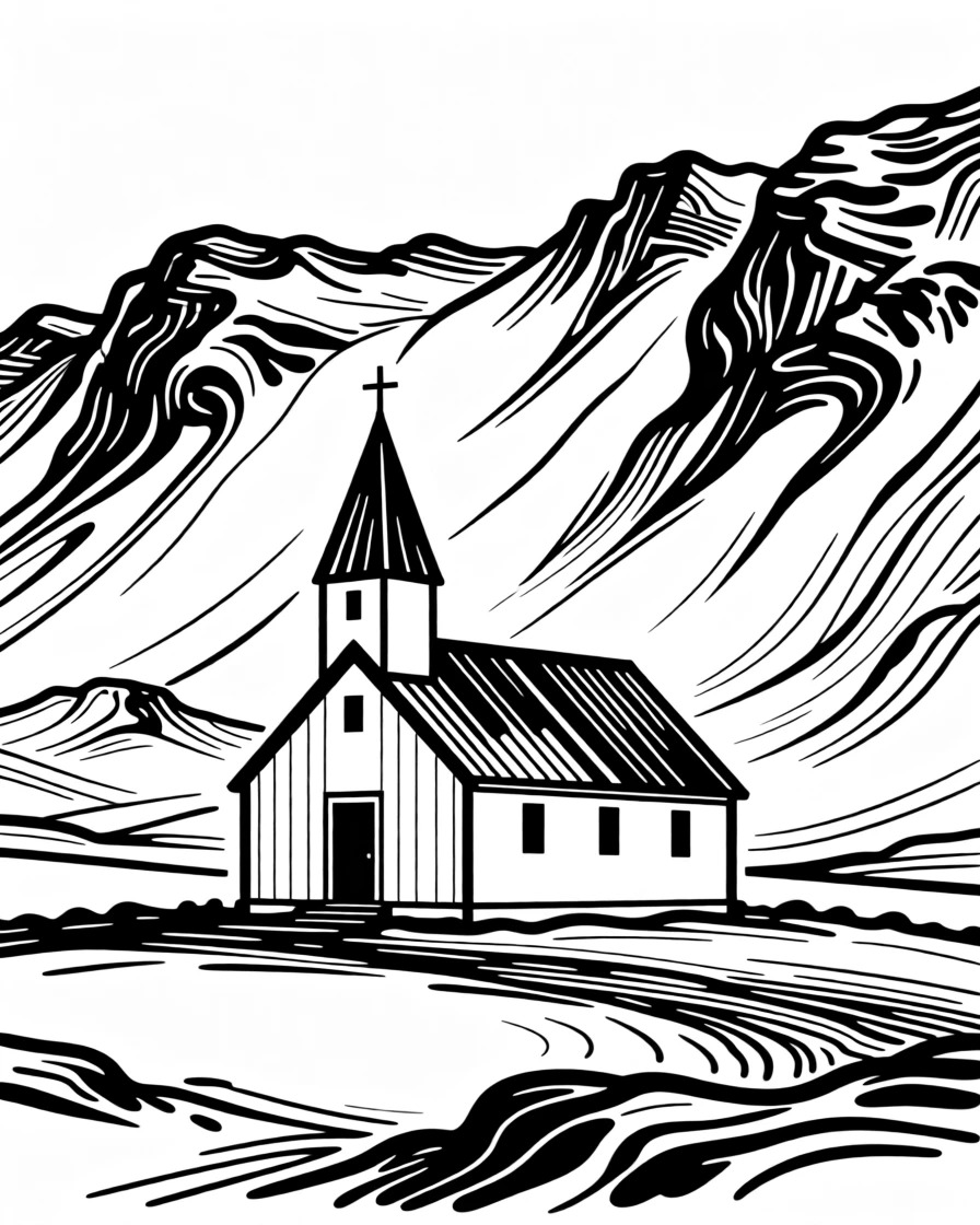 A traditional Icelandic church standing alone against dramatic volcanic terrain.