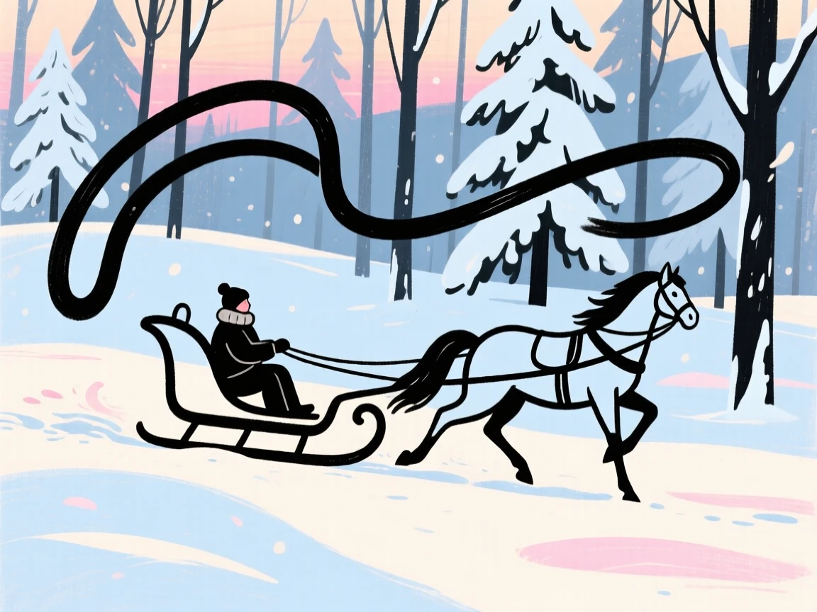 A winter sleigh ride through a snow-covered forest at dusk.