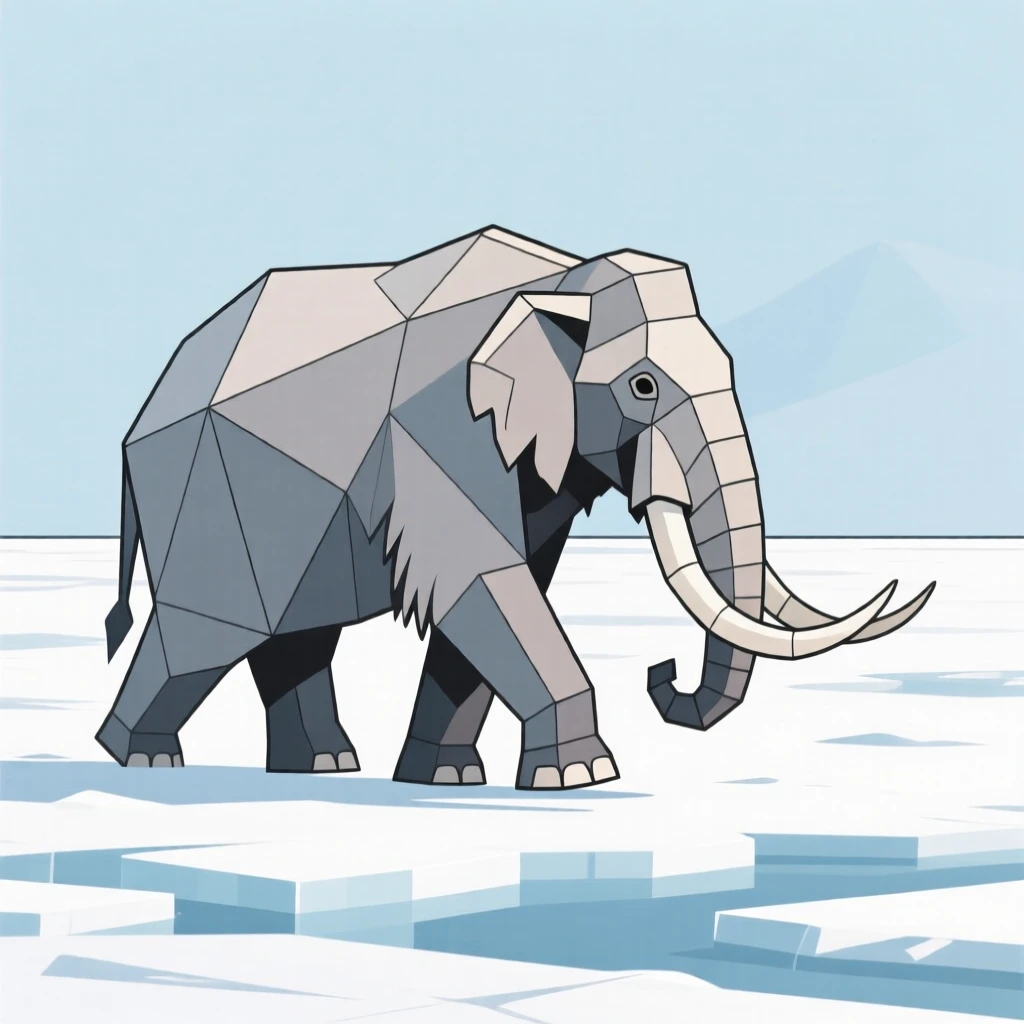 A Woolly mammoth walking across an icy tundra