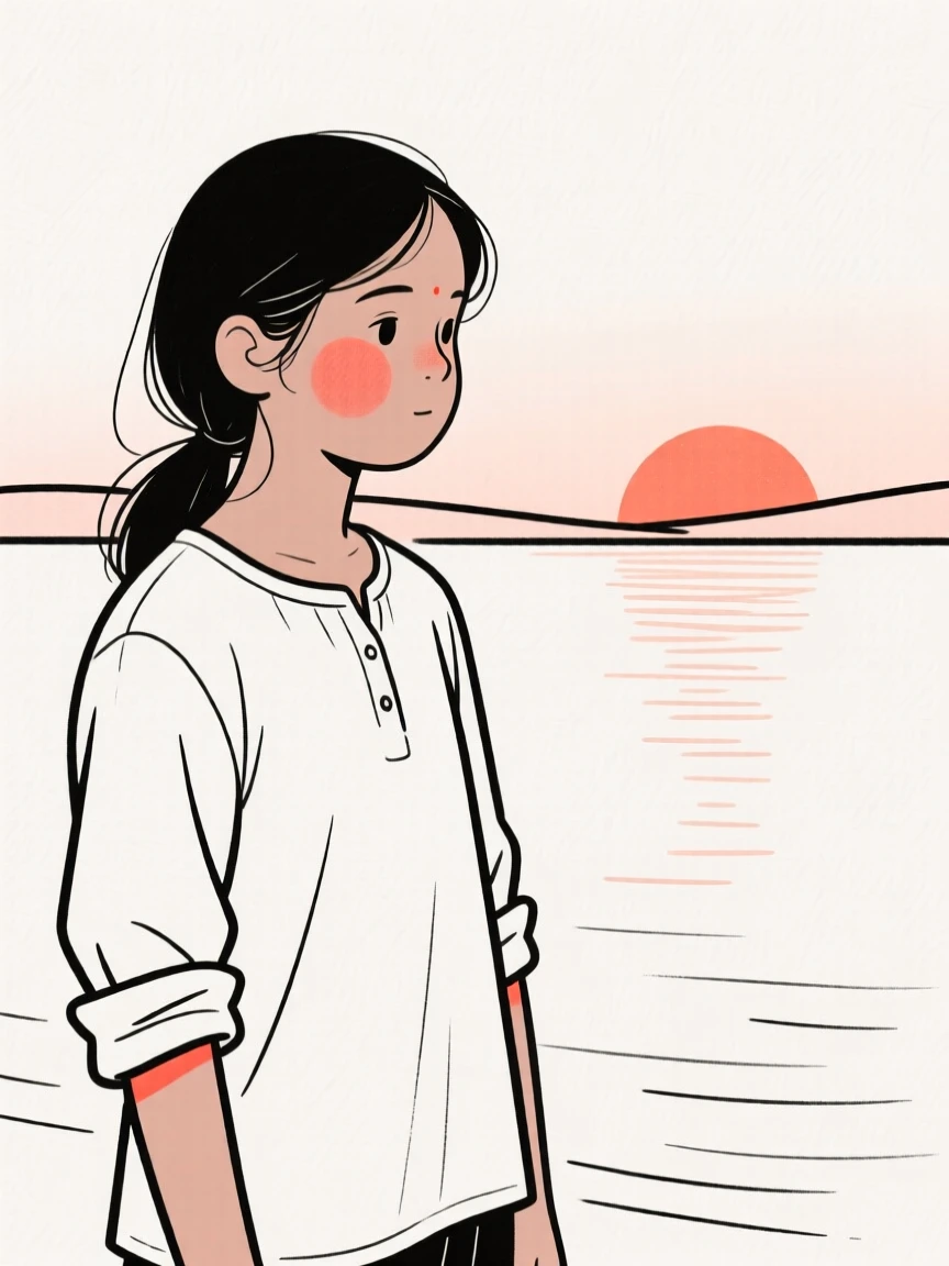 A young girl of Indian heritage in a linen shirt rolled at the sleeves, lost in quiet contemplation, beside a calm lake at sunrise.