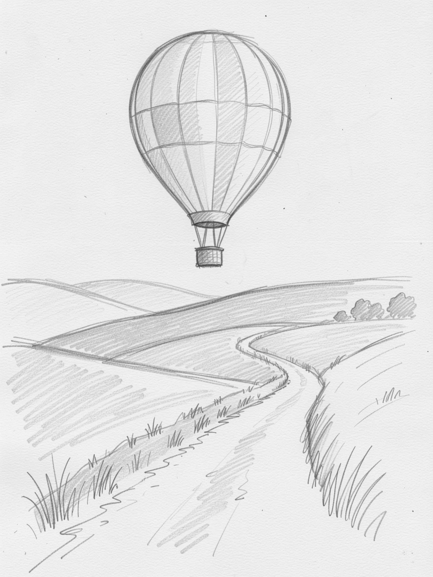 A striking scene of a hot air balloon drifting over rolling hills on a quiet countryside lane, with soft morning fog rolling through the scene.