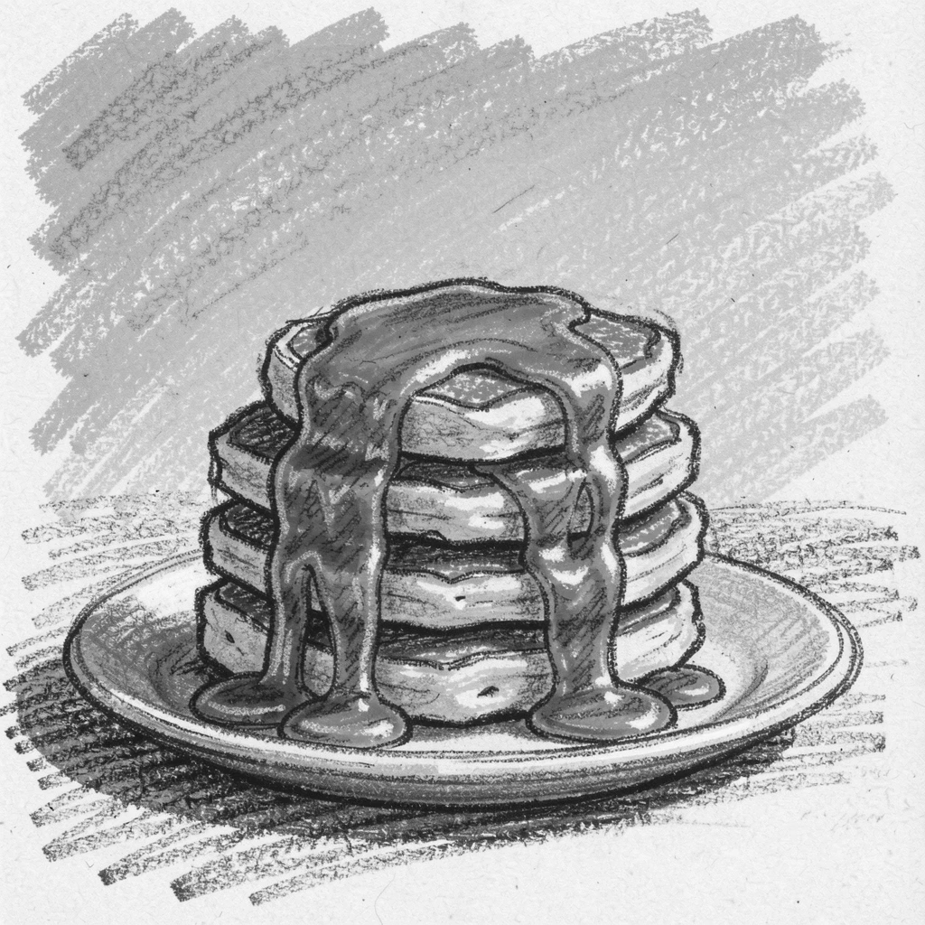 A stack of golden pancakes drizzled with syrup, under a clear blue midday sky.