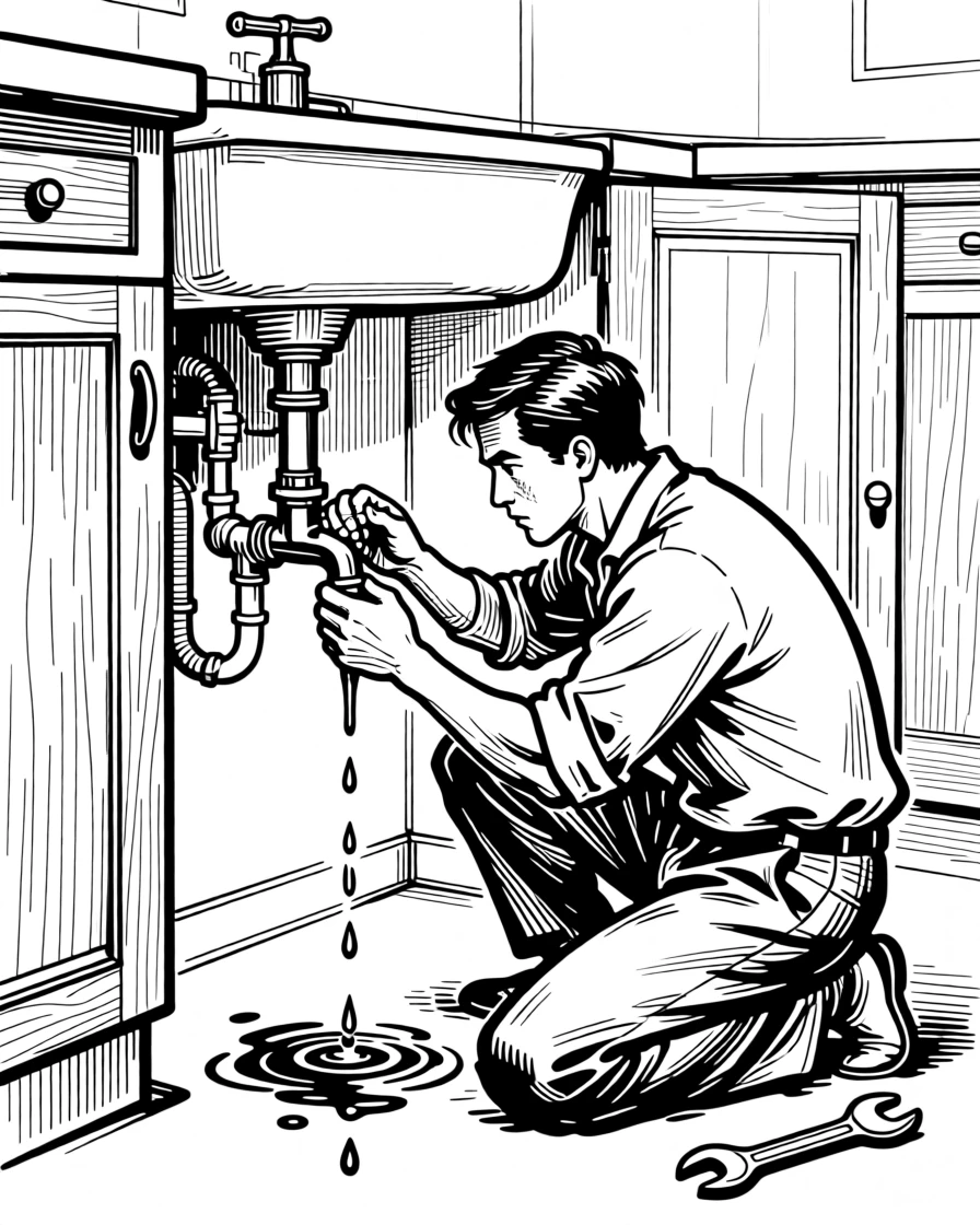 A man fixing a leaky faucet under the kitchen sink.
