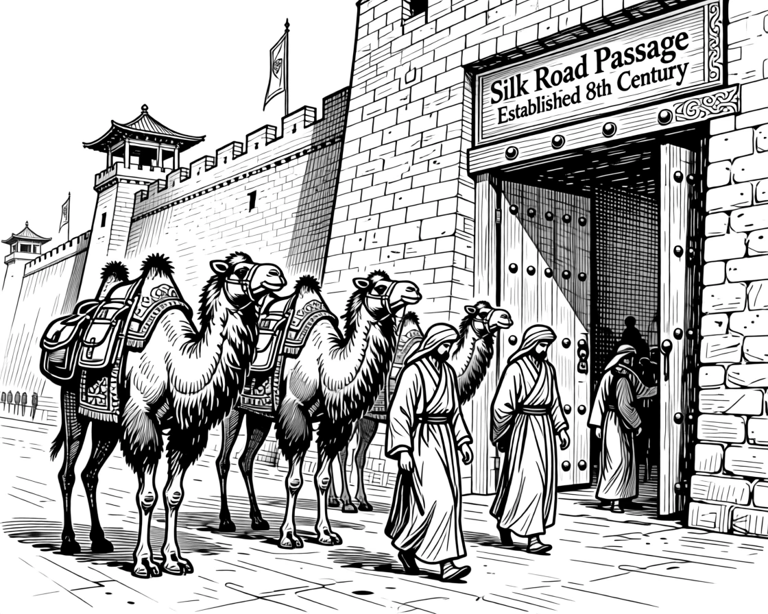 A caravan crossing the silk road within the walls of a centuries-old fortress, with a sense of ceremony in every gesture, portrayed in a solemn and dignified historical scene.