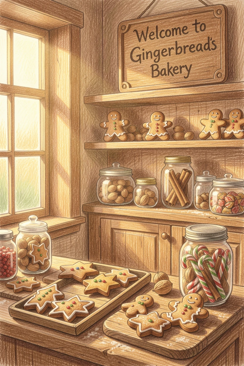 A cozy gingerbread bakery filled with spiced holiday treats, bathed in the warm glow of golden-hour light, designed to feel inviting, memorable, and shareable.