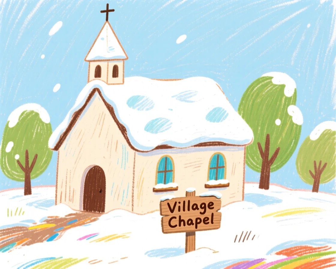 A village chapel dusted with a light layer of fresh snow.