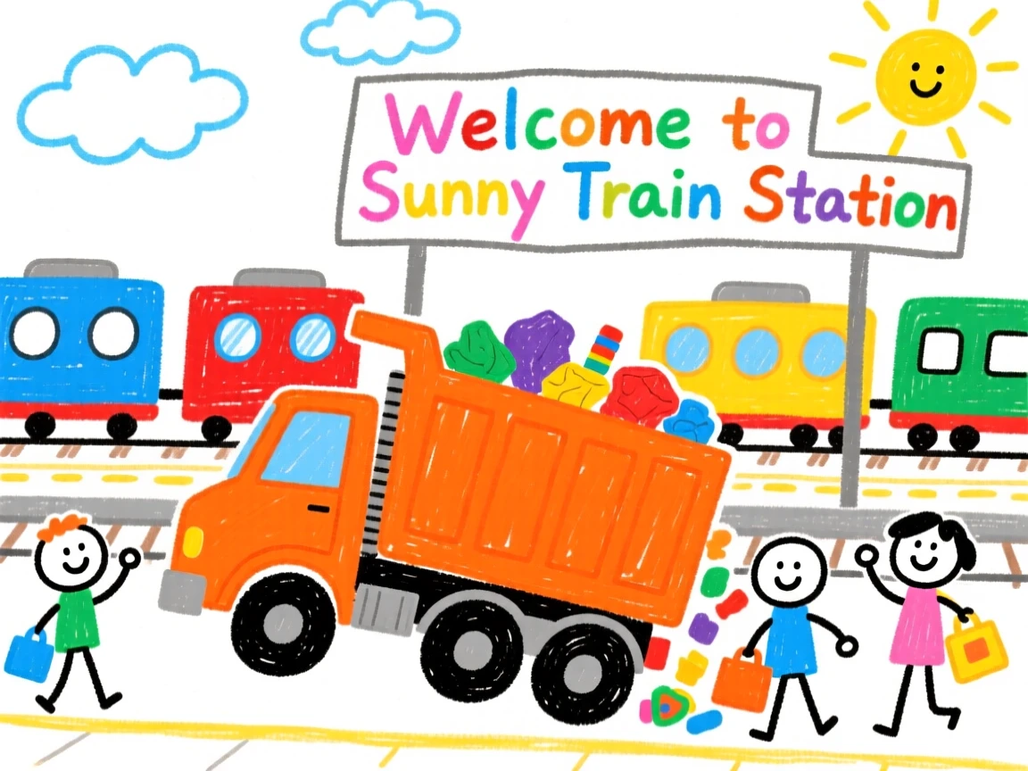 A bright orange dump truck loading up at a bustling train station.