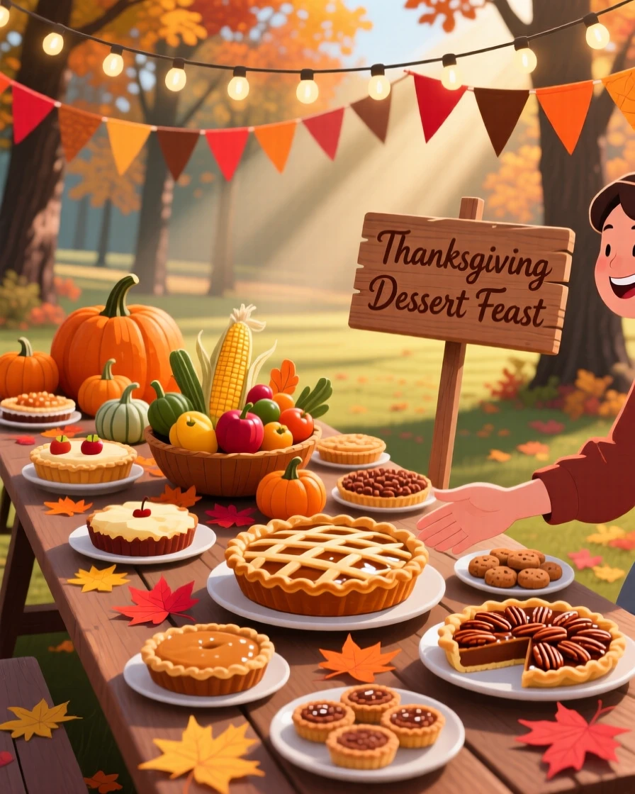 A festive Thanksgiving pie table with an assortment of desserts, set within a beautifully decorated outdoor venue, framed to highlight the excitement of the special occasion, with a joyful sense of togetherness and celebration.