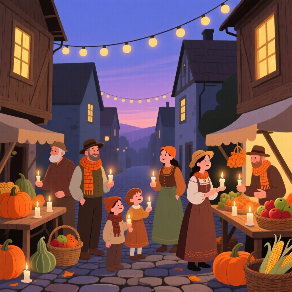 A harvest celebration with warm candlelight filling a village street.