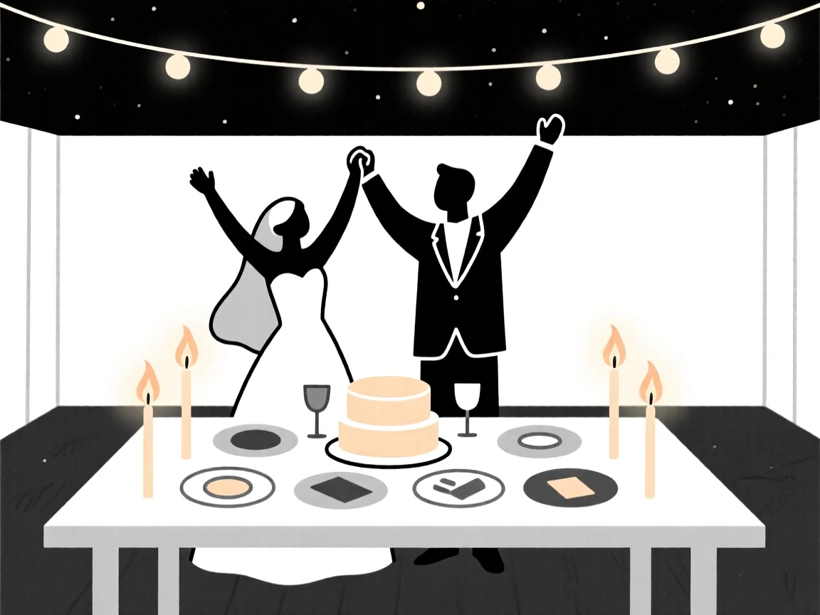 A joyful wedding celebration taking place in a candlelit backyard, decorated with a table of festive food, full of joyful celebration.