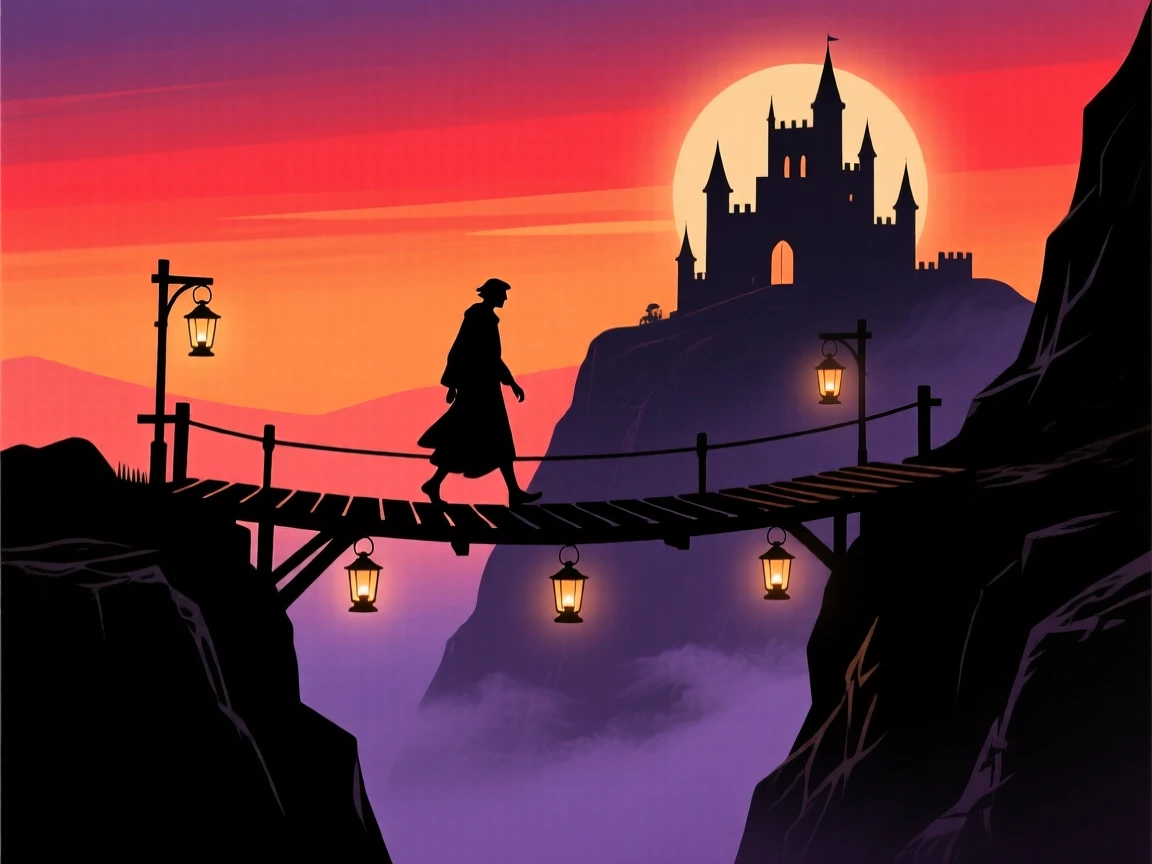 A lantern-lit bridge crossing a misty ravine toward a glowing castle.