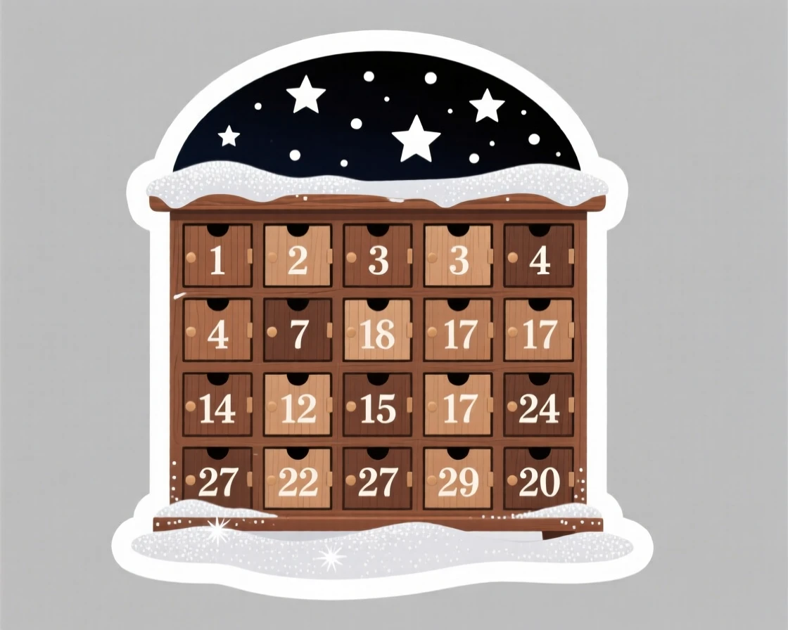 A cozy and heartwarming advent calendar with tiny numbered doors, with a light dusting of glittering snow, under a sky full of stars on a special night.