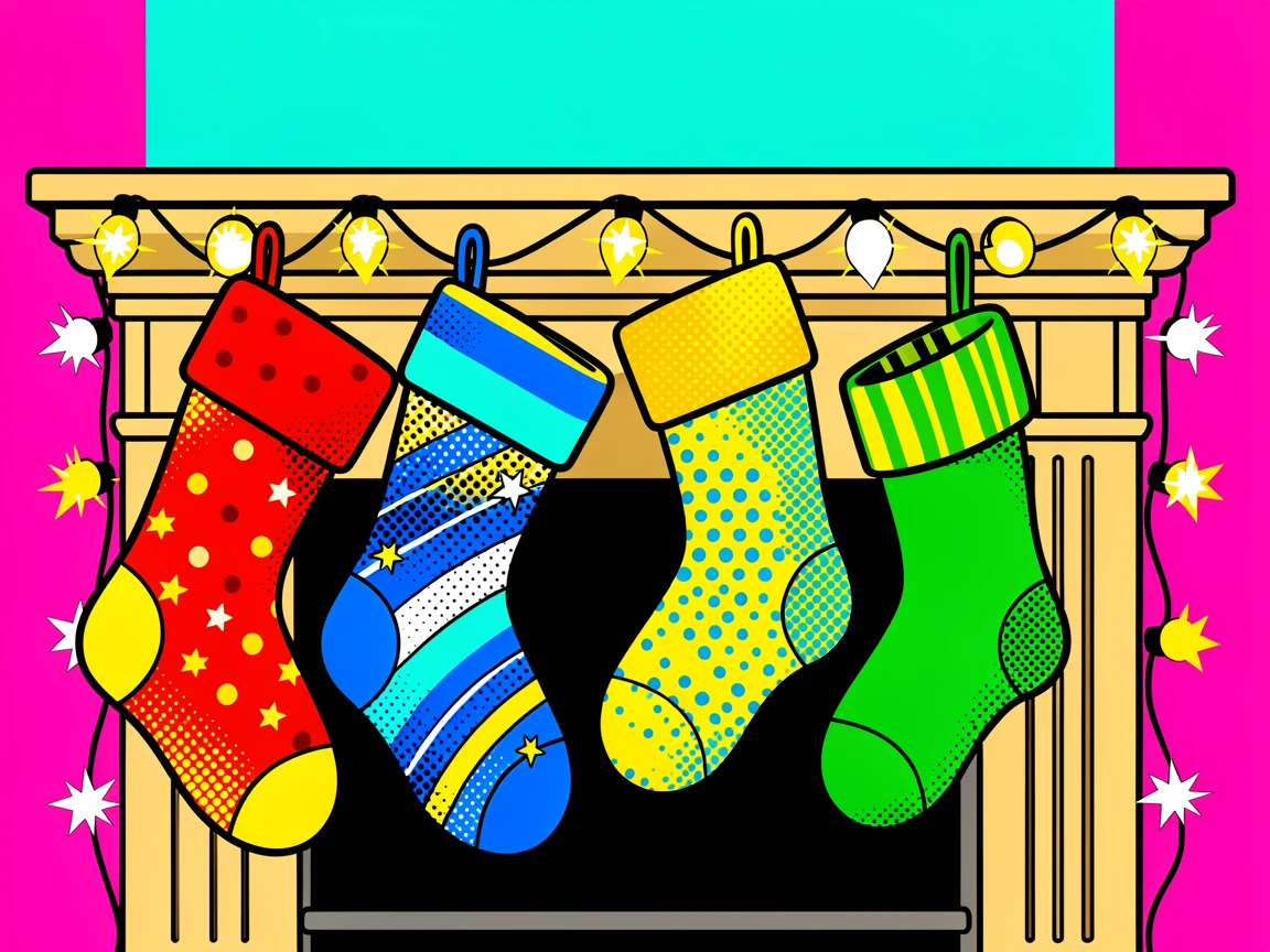 Stockings hung along a mantel decorated with twinkling lights