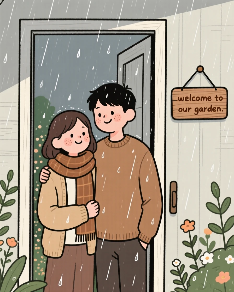 Soft rain falls over a sleeping garden as a young couple watches from a cozy doorway, wrapped warmly against the spring air.
