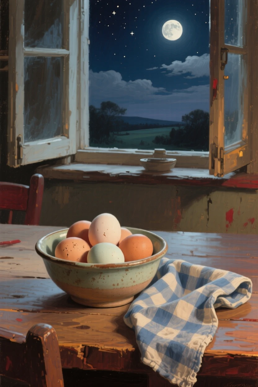 An intimate close-up of a bowl of fresh eggs beside a gingham cloth in a farmhouse kitchen, under the night sky.