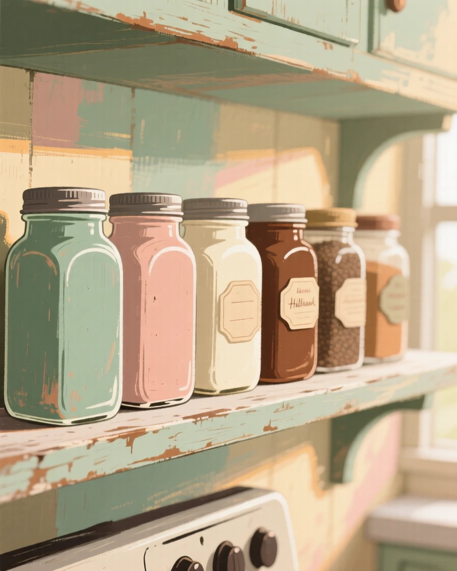 A row of spice jars lined up on a rustic kitchen shelf