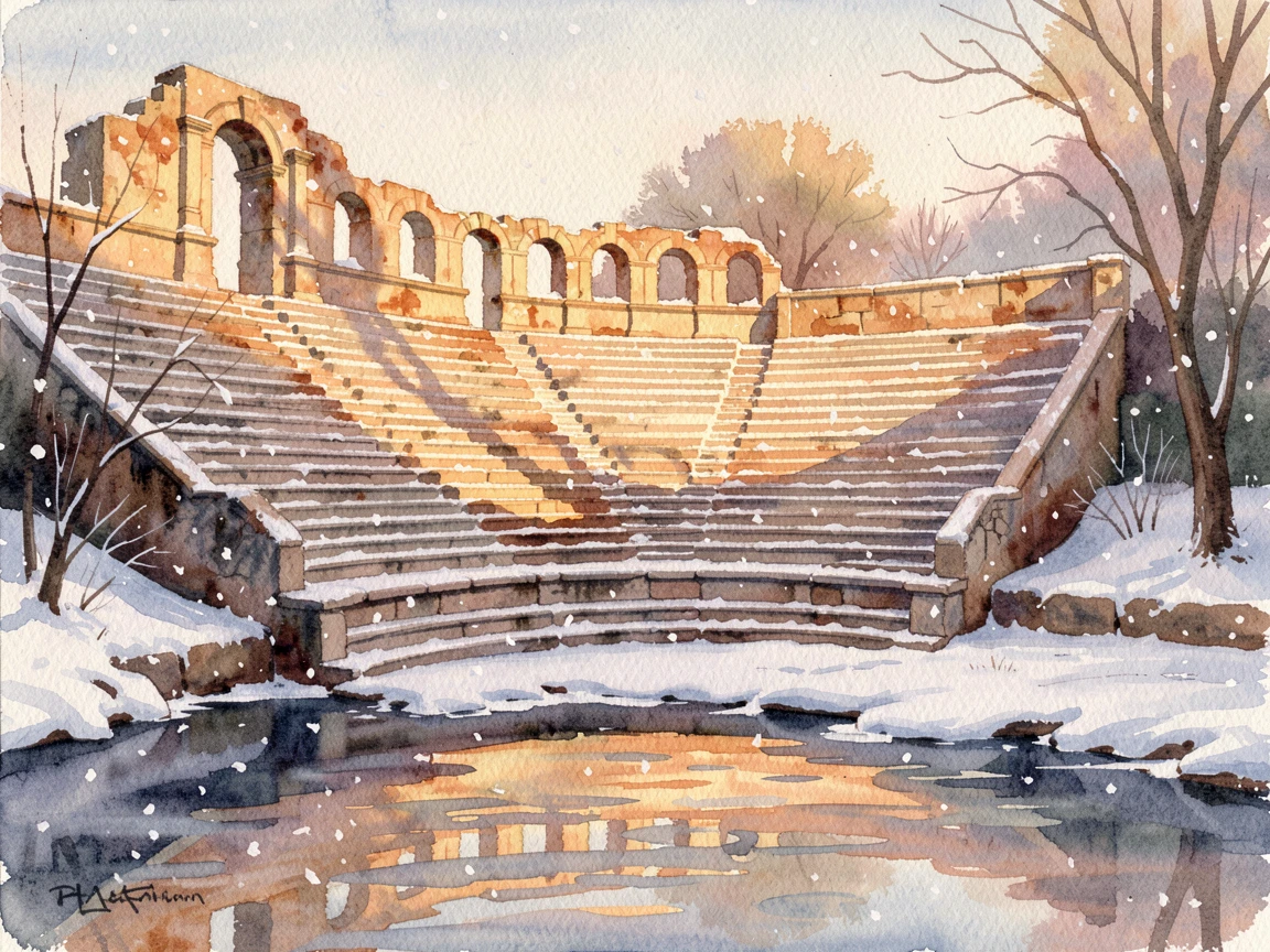 An ancient amphitheater bathed in evening light during the first snow with reflections shimmering in the water below.