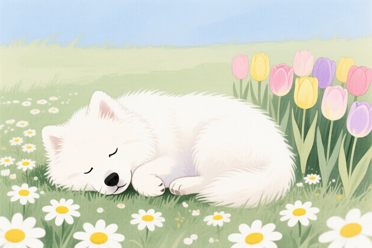 A Samoyed puppy naps curled up in a meadow full of daisies, beside a row of blooming tulips