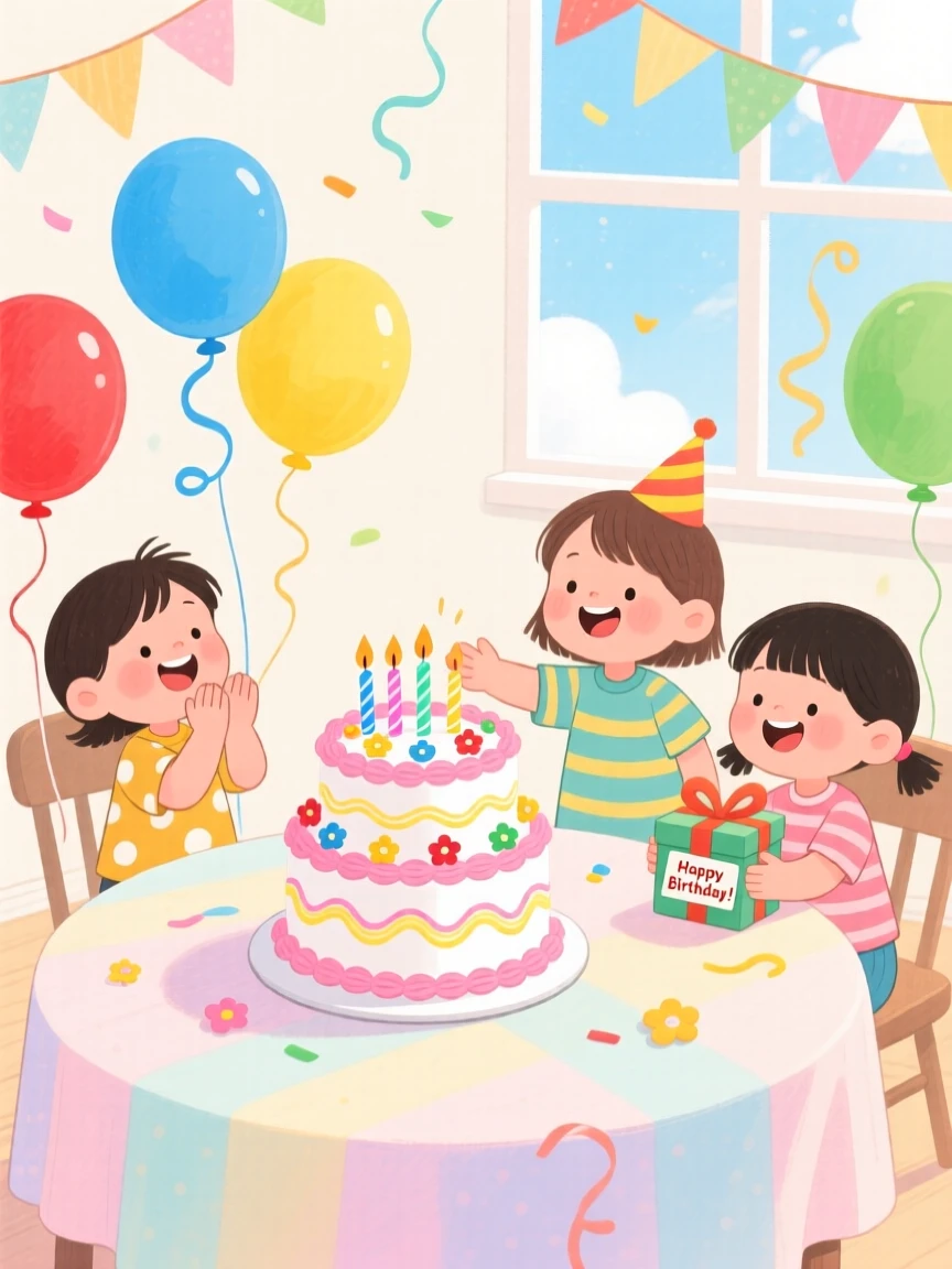 A birthday party with balloons and a decorated cake, full of warmth and laughter.