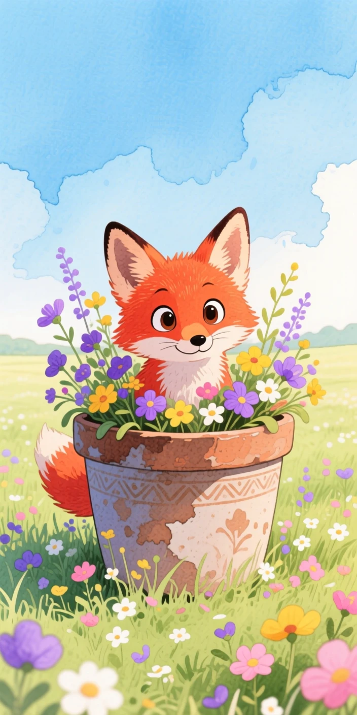 A curious red fox cub peeking out from behind a flower pot, set in a meadow bursting with wildflowers under a blue sky, full of playful curiosity.