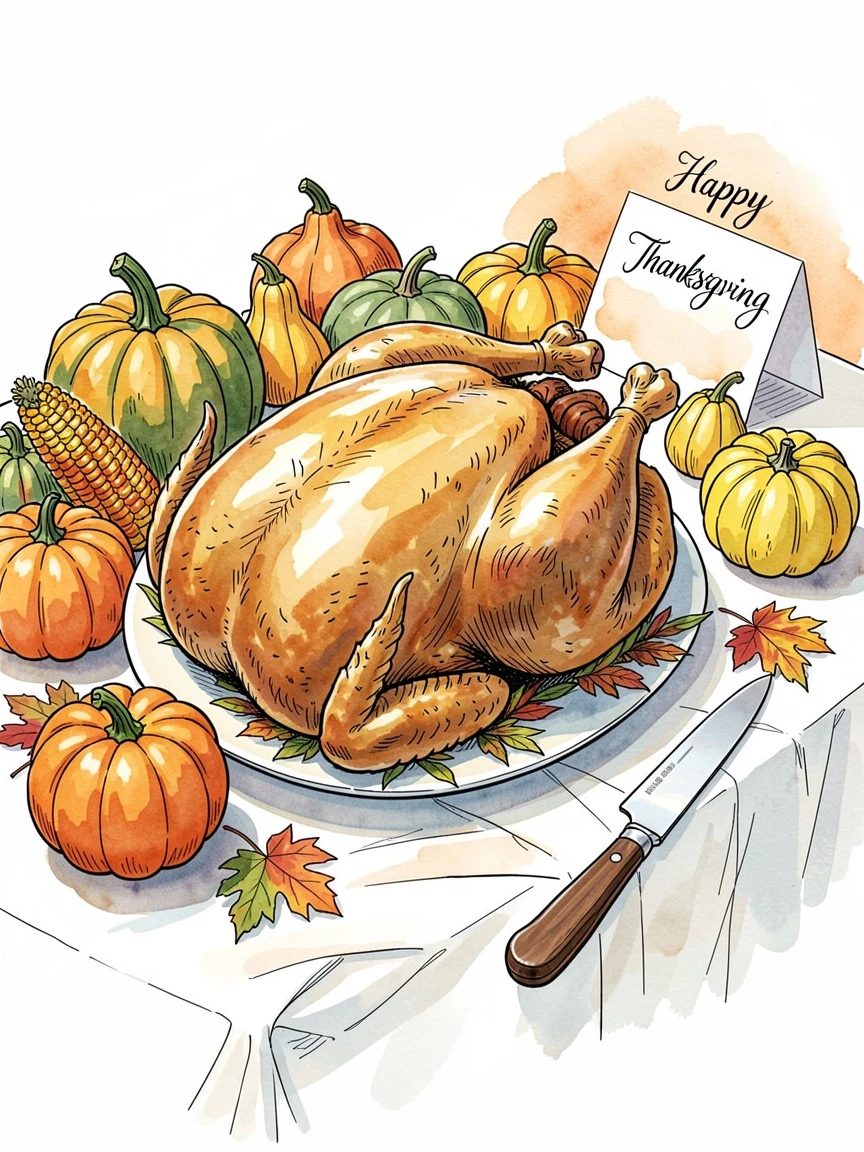 A Thanksgiving table set with a golden roasted turkey and autumn gourds, small decorative details adding charm throughout.