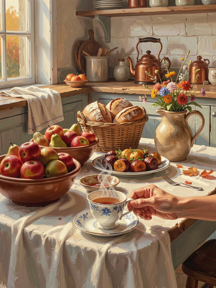 During a cozy evening gathering, a farmhouse table set with a rustic harvest feast, on a sunlit kitchen counter, a hand reaching to pour a cup of tea.
