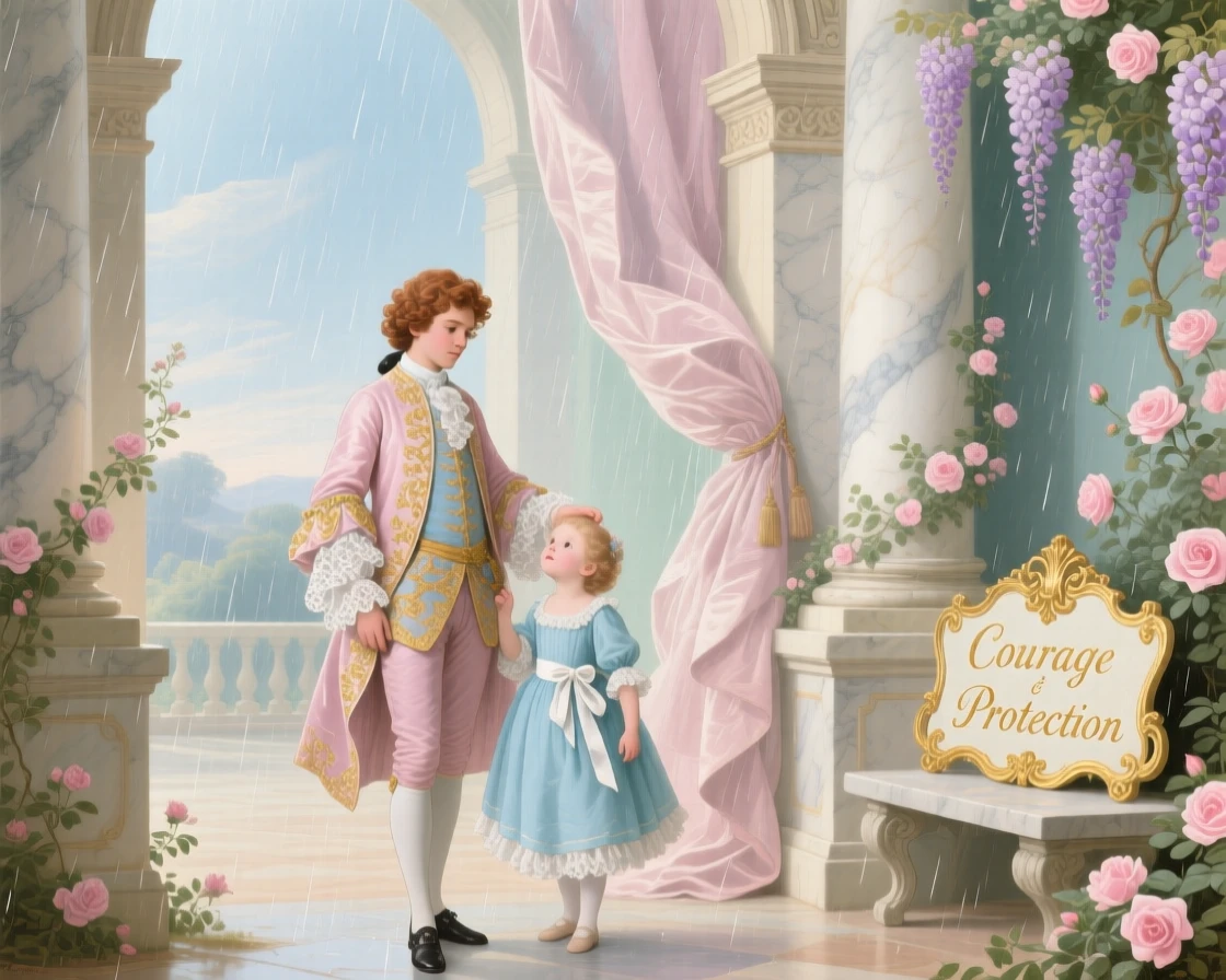 A prince representing courage, shielding a child from a storm beneath palace arches  