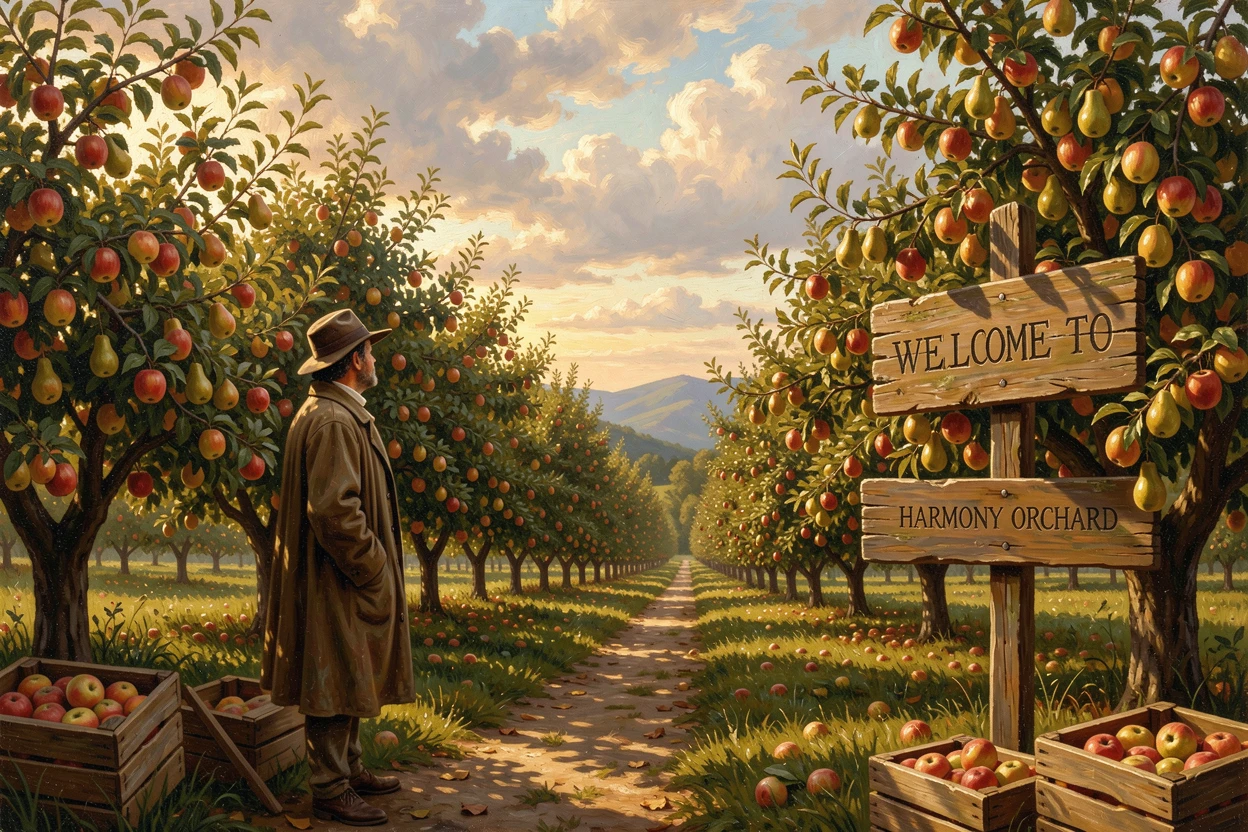 An orchard heavy with ripening fruit, with a solitary traveler pausing to take in the view.