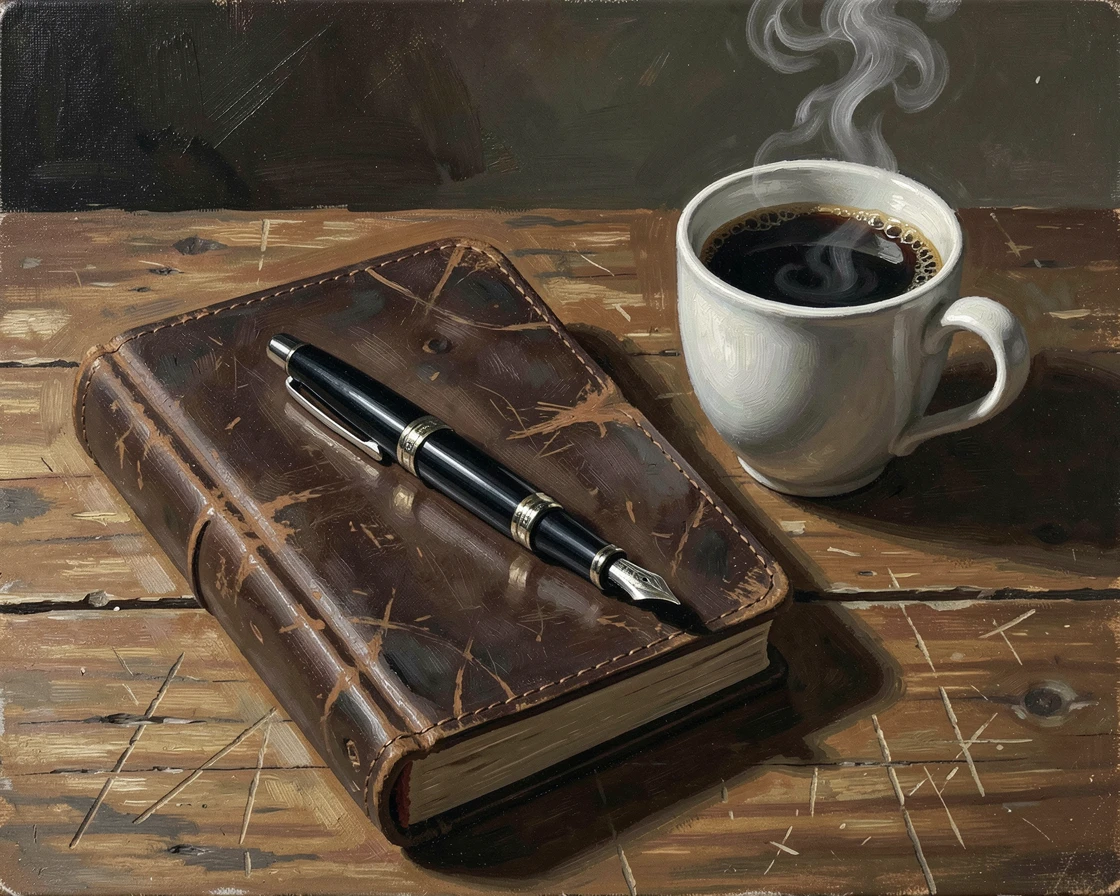 A leather journal and fountain pen resting beside a cup of coffee, with a timeless, refined composition throughout, capturing timeless beauty through carefully chosen objects