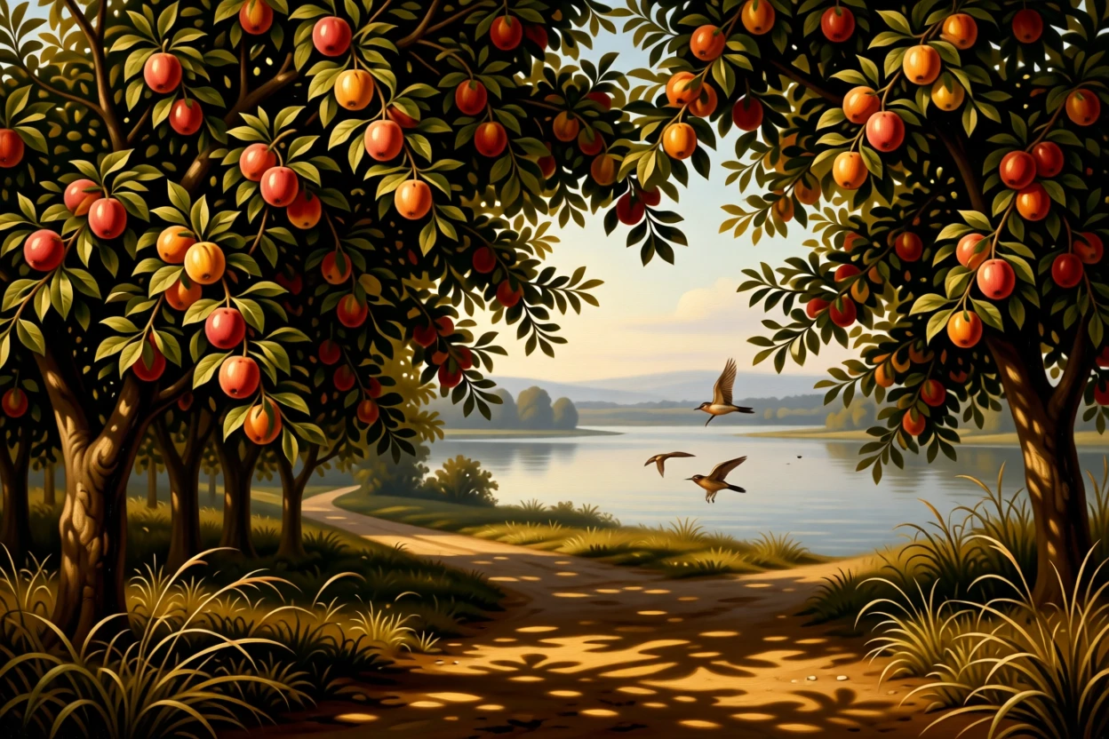 A secluded orchard heavy with ripe fruit in late summer light captured in the fleeting stillness of a perfect moment, set within reach of a winding country path, with birds gliding low over the water and long shadows stretching across the grass; layered depth separates near, middle, and far distance beautifully, radiating the serene majesty of untouched nature.