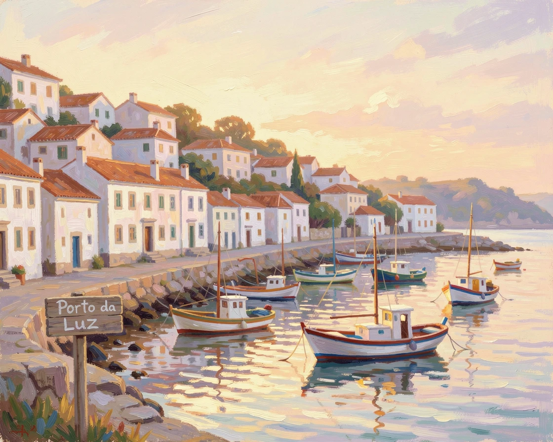 A charming coastal town in Portugal with tiled buildings cascading down toward a harbor full of fishing boats, at golden sunrise.