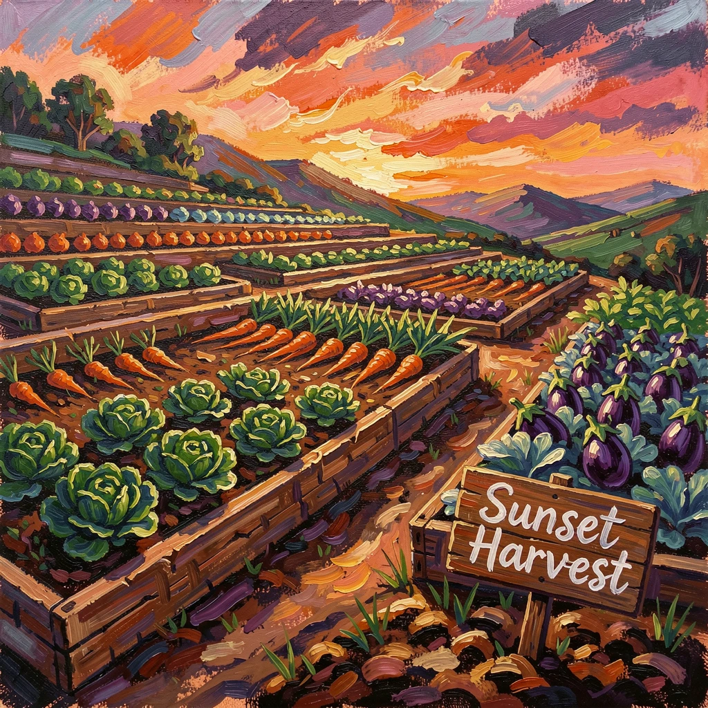 A terraced vegetable garden on a hillside, neat rows glowing in the evening light.