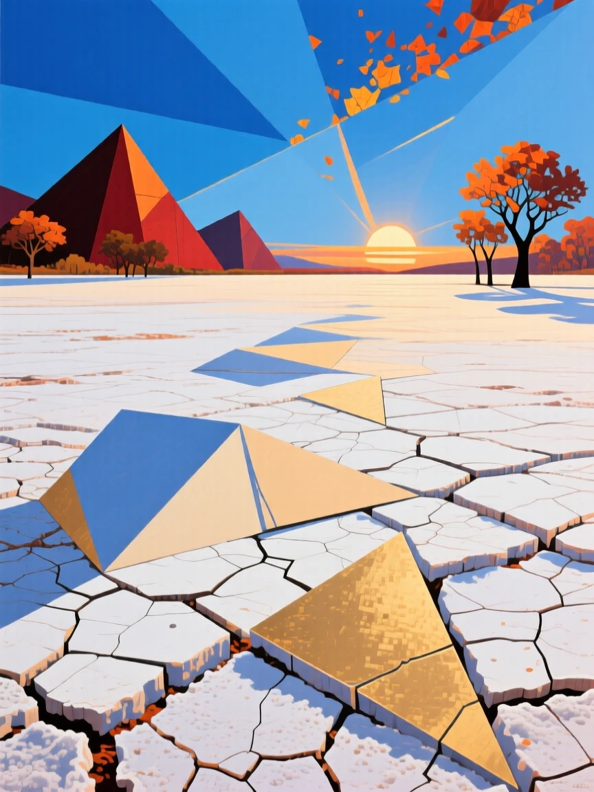 A wide shot of a sun-scorched salt flat in the blue light just before sunrise, during vibrant autumn.