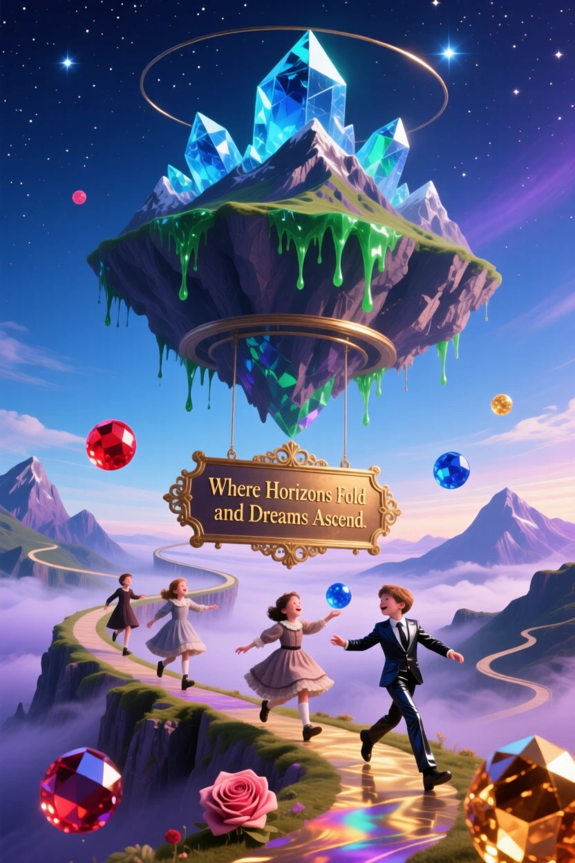 An inverted mountain range hanging from a solid sky rotates gently around an invisible axis, while children run along paths that curve into the sky.