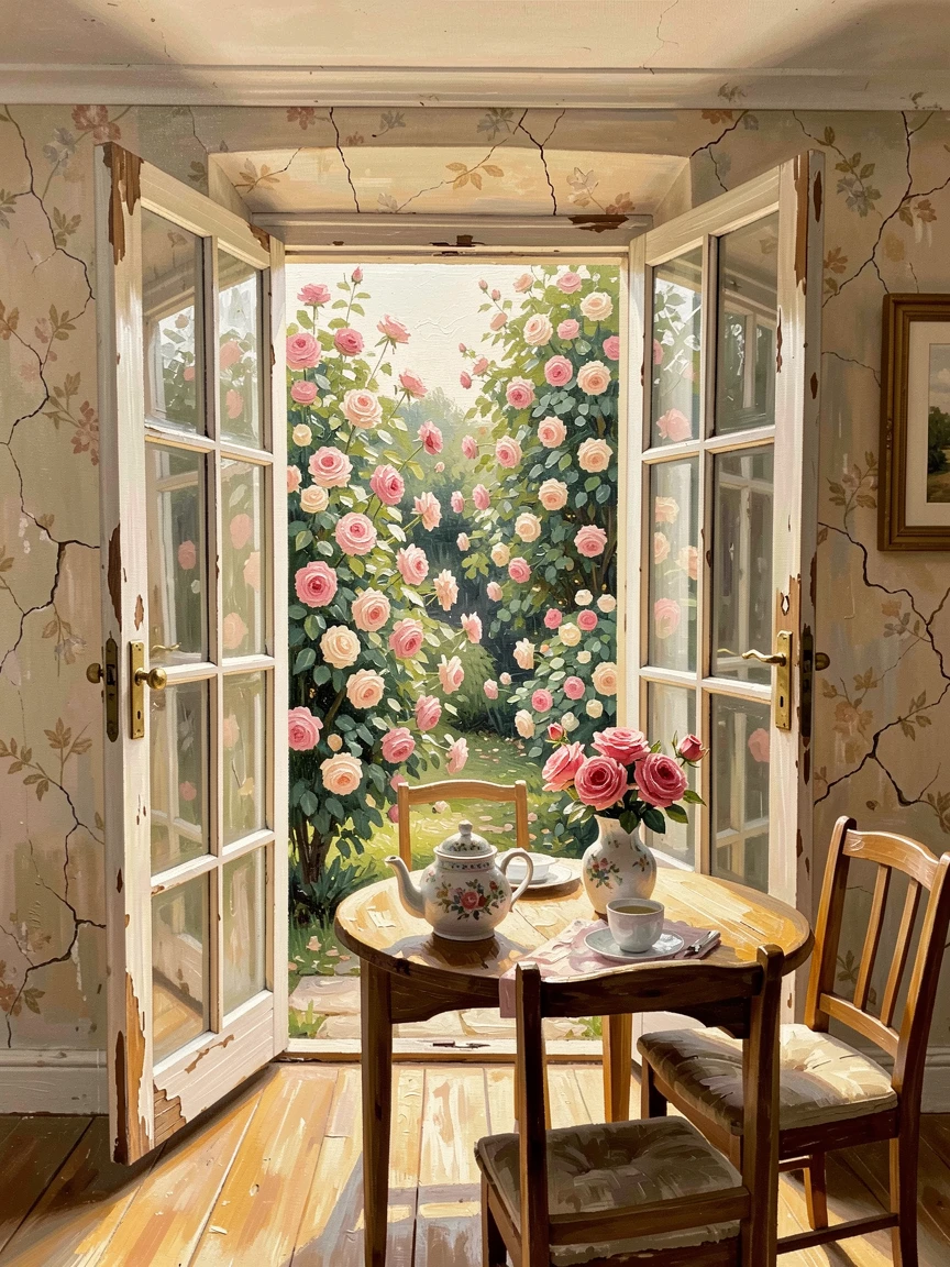 A charming Cotswolds cottage garden room shows French doors opening onto a blooming rose garden, morning light spilling across a breakfast table, the play of light across weathered surfaces revealing decades of history in every wall.