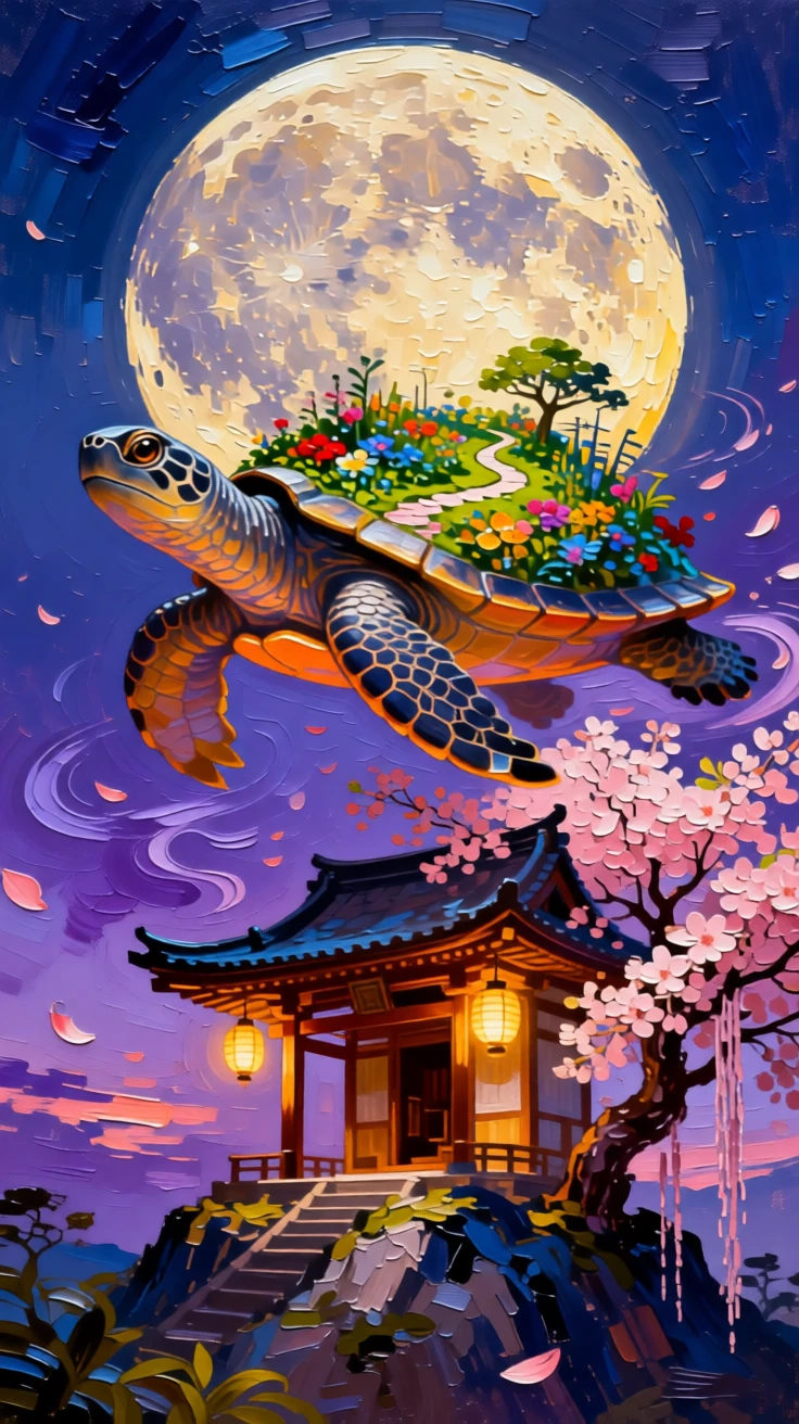 a colossal moon turtle carrying a floating garden resting atop a mountain shrine wrapped in cherry blossoms